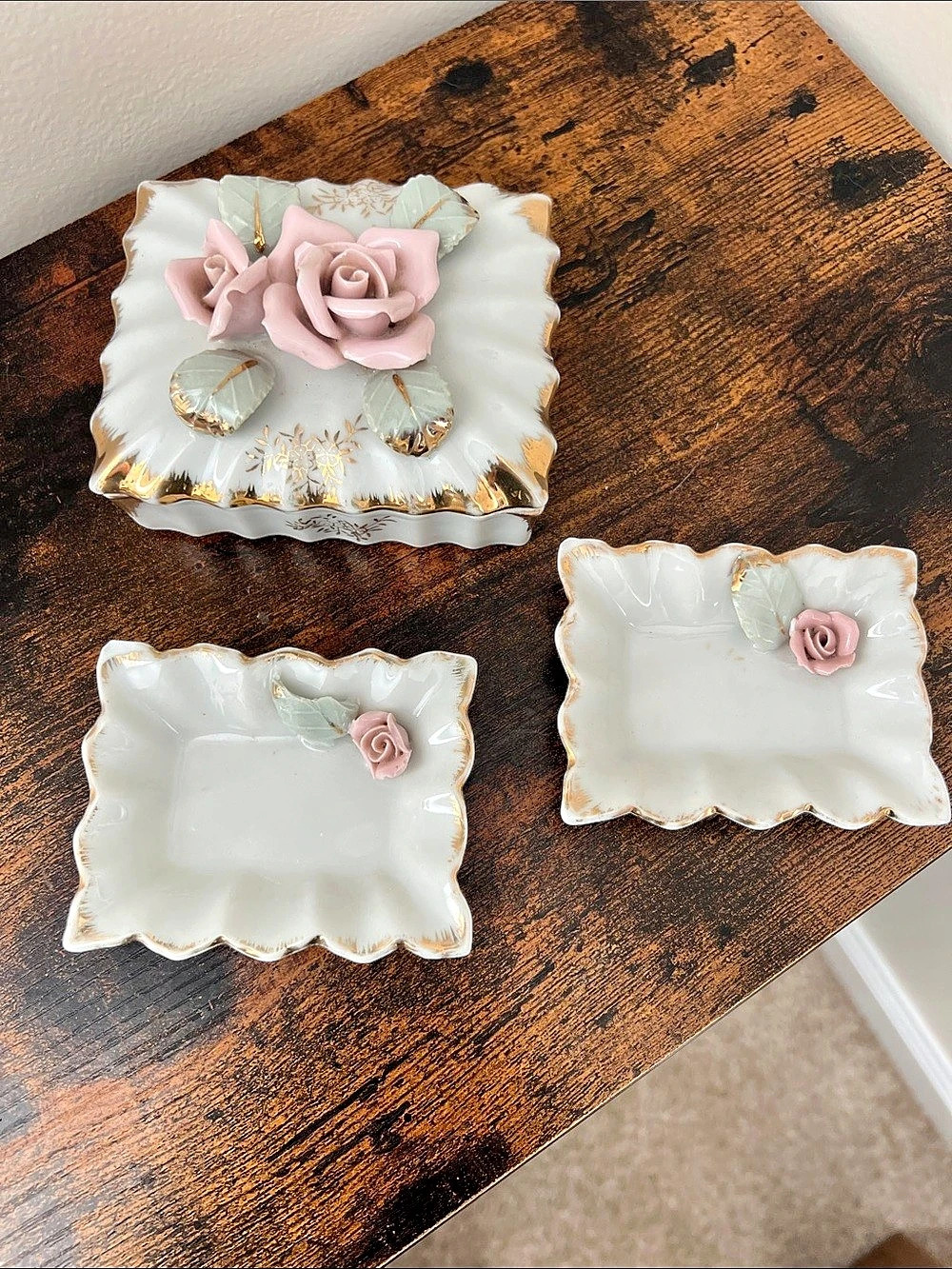 Chase Hand-Painted Floral Trinket Box Set in White & Pink